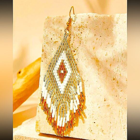 Handmade Beaded Boho Dangle Earrings Tribal Native Gold White - Picture 5 of 5